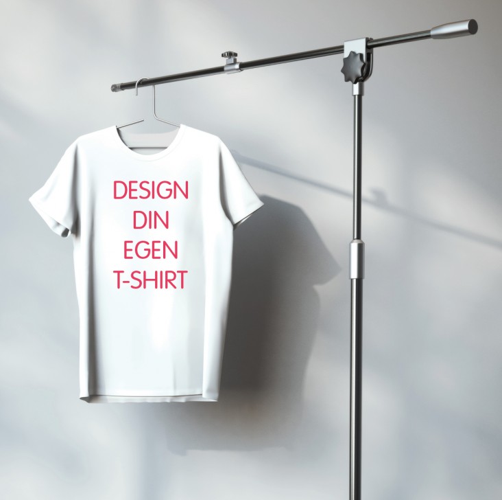 Design din egen T-shirt. Dekorations billede - T-shirt hænger på et stativ med teksten: Design din egen t-shirt